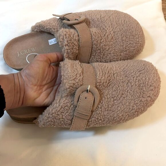 J. Crew sherpa style tan buckle clog slippers - Picture 2 of 6